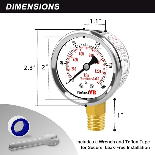 0-200 Psi 2-Inch Waterproof Pressure Gauge, Liquid-Filled, 1/4" NPT Lower Mount - Image 3