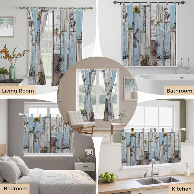 Blue Grey Wooden Kitchen Curtains 36 Inch Length, Small Window Curtains Tab Top - Image 7