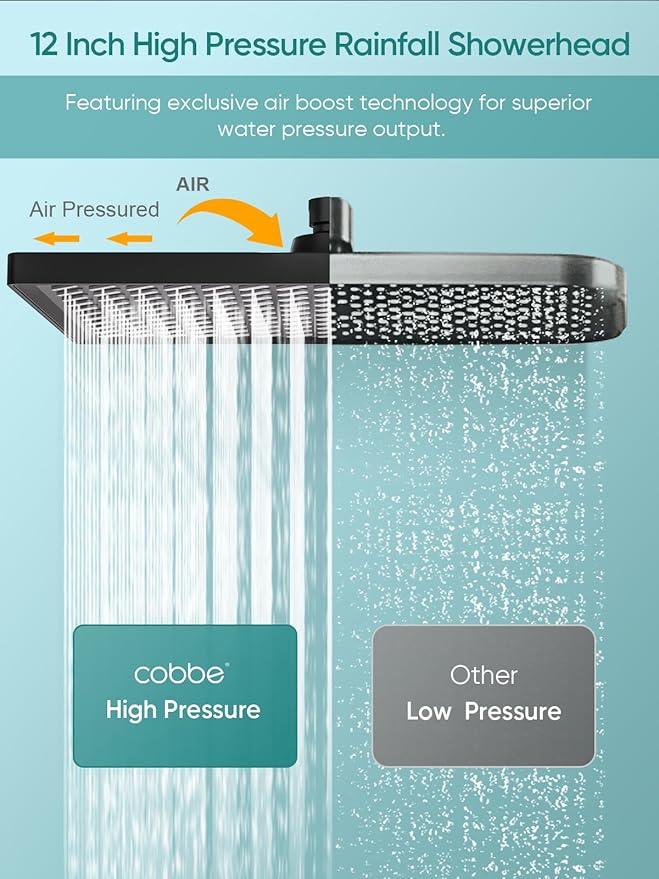 Cobbe 11.8 Inch Rain Shower Head with 6 Modes Handheld Water Spray，High Pressure Showerhead Combo with 11 Inch Adjustable Extension Arm, Black