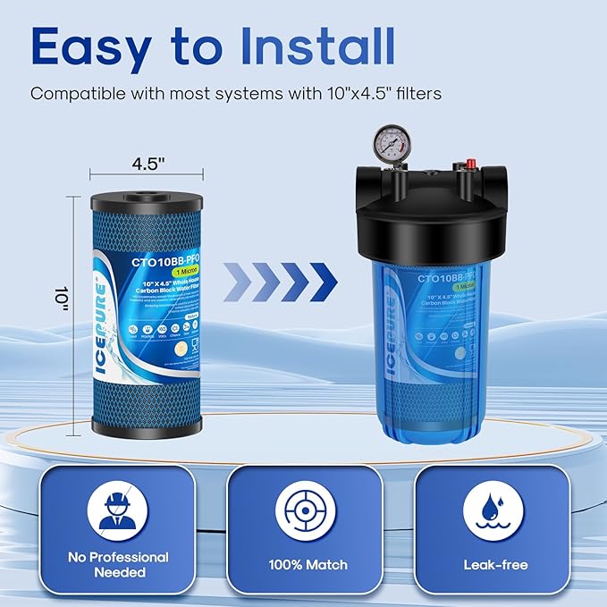 ICEPURE 1 Micron 10" x 4.5" Whole House PFOA/PFOS Carbon Water Filter Cartridge - Image 2