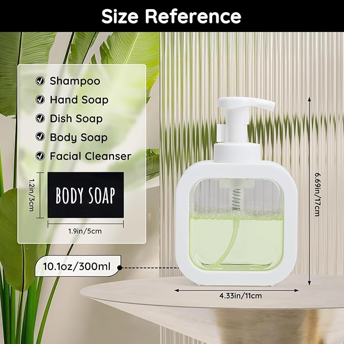 Segbeauty 10.1oz Foam Hand Soap Dispenser, 4pcs 300ml Square Liquid Soap Dispenser White Foaming Pump Bottles for Kitchen Dish Cleaning, Plastic Body Soap Shampoo Shower Bath Foamer Bottle with Labels