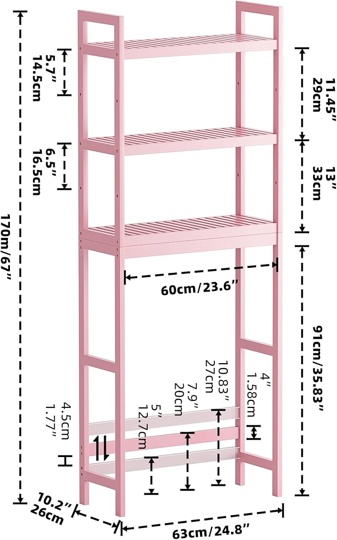 SMIBUY Bathroom Storage Shelf, Bamboo Over-The-Toilet Organizer Rack, Freestanding Toilet Space Saver with 3-Tier Adjustable Shelves (Pink)