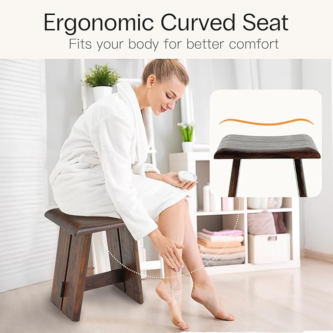 StrongTek Teak Shower Stool for Bathroom, Teak Bath Bench, 18" Height, Ergonomic Curved Seat, No Assembly Required, Compact & Stable Design, 350 lbs Capacity, Ideal for Shower, Spa & Home Use