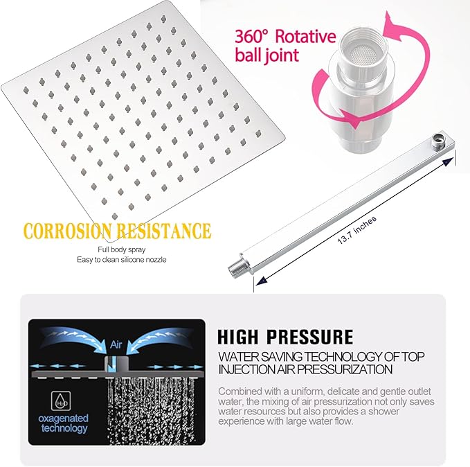 Shower Faucet Set Polished Chrome Surface Large 12 Inch Shower Head Handheld Shower Combo Set High Pressure Recessed Wall Mount, Chrome