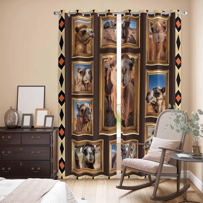 2 Panel Kitchen Cafe Curtains, Wildlife Camels Sunlight Filtering Nature Air - Image 3
