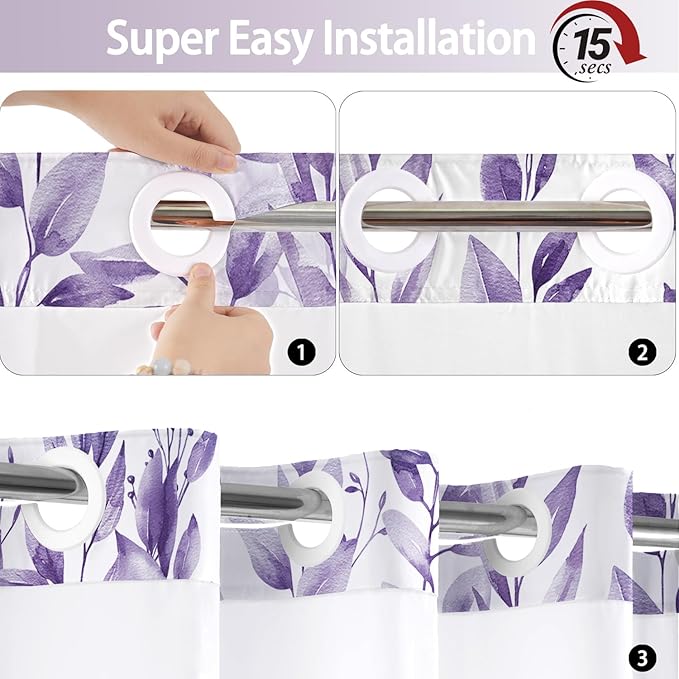 No Hook Shower Curtain and Liner Set, Light Purple Eucalyptus Floral Shower Curtains for Bathroom, Bath Curtain Sets with Snap in Liner, Waterproof with See Through Top Window, 71x84 Inches