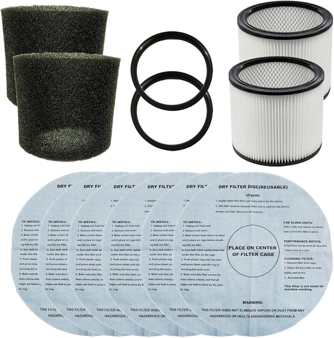 Vacuum Filter Sleeve for Shop Vac including 6 Dry Filters, 2 Foam Sleeves by ALLPARTSETC