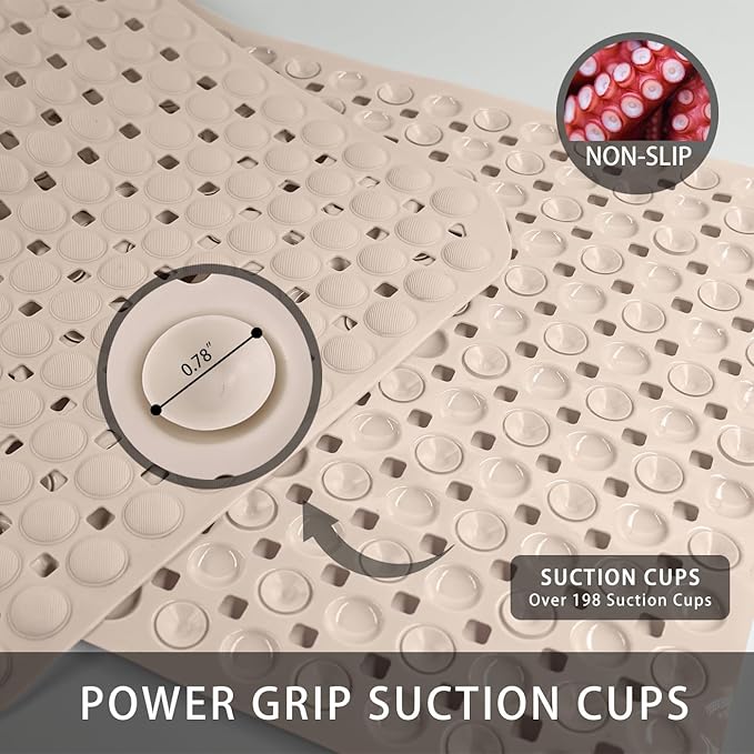 Extra Large Non-Slip Bathtub Mat, 36x17” TPR Shower Mat with 198+ Suction Cups, Bath Mat for Elderly/Kids, Machine Washable & Fast Drainage, Foot Massage Design (Khaki, Extra Large)