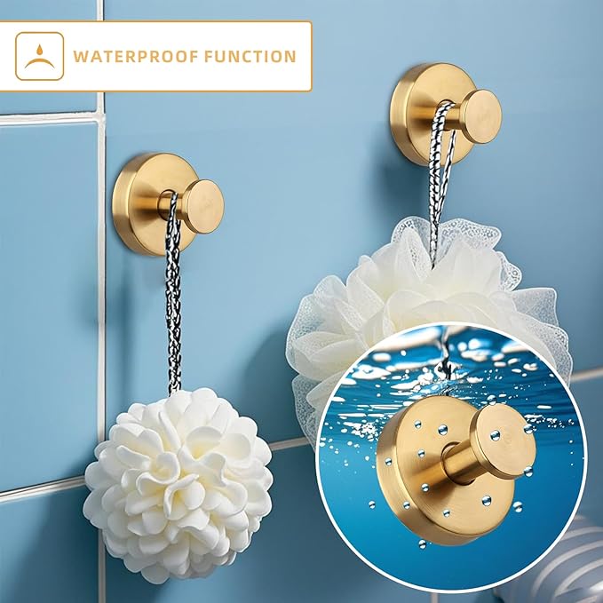 2 Pcs Suction Cup Hooks, Stainless Steel Removable Shower Towel Hook, No Drill Towel Holder for Bathroom, Kitchen Glass Door Wall for 15 Lb Heavy Duty Clothes - O Shape, Gold