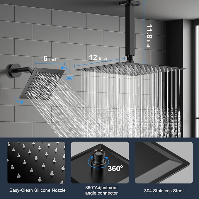 Shower Faucet Set, 3-Setting Push Button Matte Black Shower System, 12 Inch Ceiling Mounted Shower Head, 6 Inch Wall Mounted Rain Shower Head with 2 in 1 Handheld Spray, Shower Valve Trim Kit