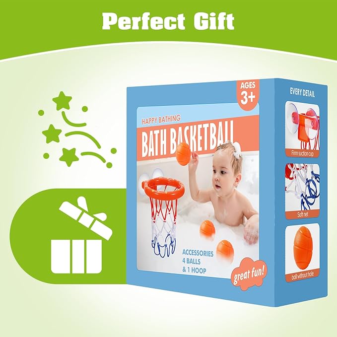 Bath Toys - Bathtub Basketball Hoop for Kids Toddlers - Bath Toys Shower Toys for Kids Ages 4-8,Suction Cup Basketball Hoop & 3 No Hole Balls Set for Boys Girls