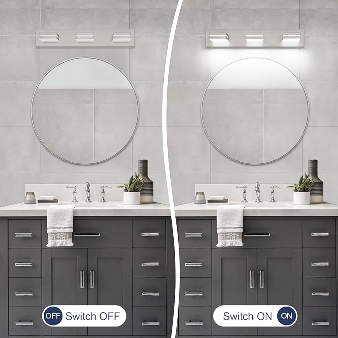 SineRise LED Modern Bathroom Vanity Light Fixtures (3-Light, 24-Inch, Dimmable), Brushed Nickel Modern Acrylic Bathroom Wall Lighting Fixtures Over Mirror (Cool White 6000K)