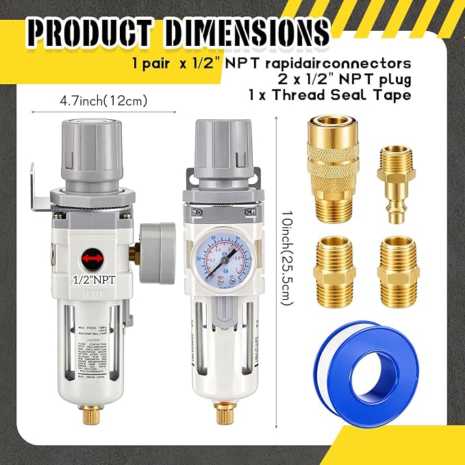 Tuanse Manual Drain 1/2" NPT Compressed Air Filter Regulator, Piggyback Combo - Image 2