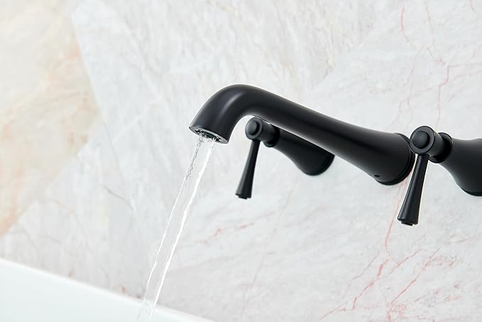 SITGES High Flow Matte Black Wall Mount Bathtub Faucet with Two Level Handles, Extra-Long 10.5" Spout Reach Solid Brass Wall Tub Filler with Rough-in Valve Included