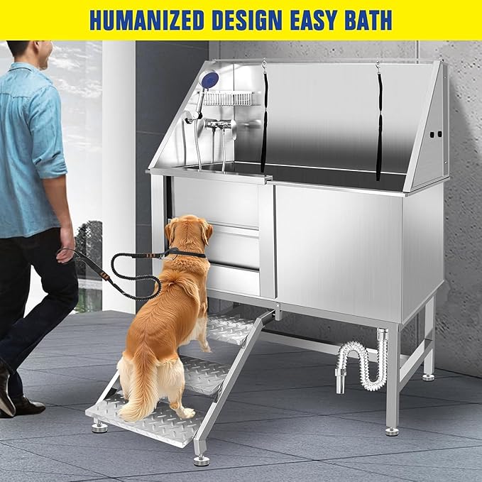 50" Stainless Steel Dog Washing Station, Pet Grooming Tub with Hot/Cold Faucet & Showerhead, Non-Slip Stairs for Small/Medium Dogs & Cats