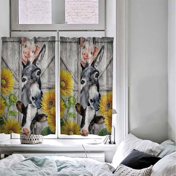 Farmhouse Kitchen Curtains 45 Inches length, Vintage Sunflowers Animals Printed - Image 5