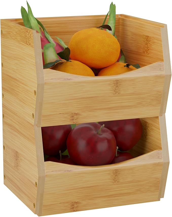 2 Set Open Front Small Stackable Storage Bins, Bamboo Stacking Storage Bins Snack Tea Bags Fruits Spices Countertop Storage, Rustic Organizer Bins for Pantry, Kitchen, Office, Bedroom (Small Natural)