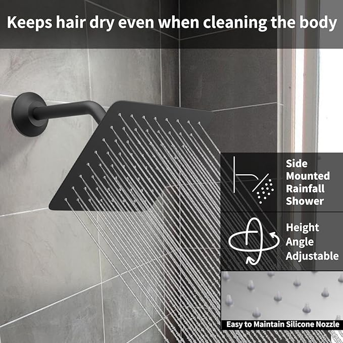 Temperature Display Shower Faucet Set Matte Black Shower System with 2 Rain Shower Head(12+8"), Handheld Shower and Multi-function Push Button Shower Faucet Trim Kit