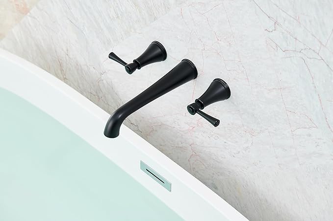 SITGES High Flow Matte Black Wall Mount Bathtub Faucet with Two Level Handles, Extra-Long 10.5" Spout Reach Solid Brass Wall Tub Filler with Rough-in Valve Included