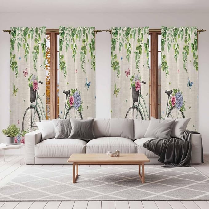 Farmhouse Spring Kitchen Curtains, Retro Bicycles Flowers Vines Butterfly Light - Image 7