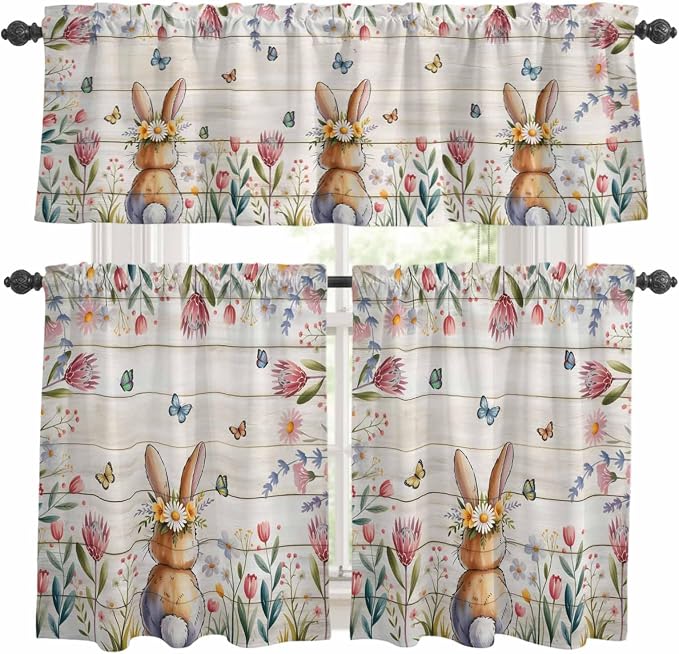 Kitchen Curtains Tiers and Valance Set of 3, Easter Light Filtering Window by Anzona