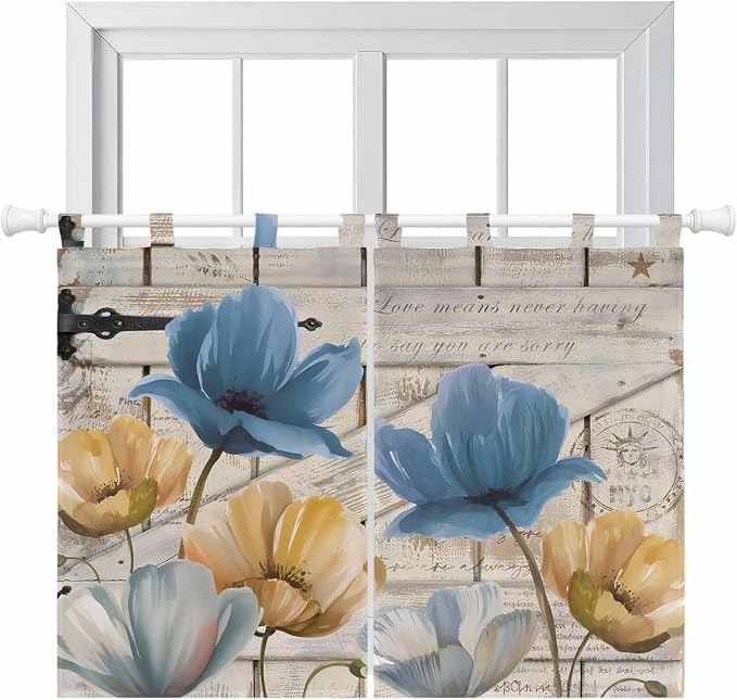 Blue Yellow Tulips Bedroom Curtains 63 Inch Length, Window Curtains Tab Top by Unknown