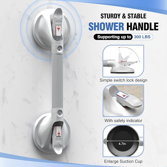DAILYLIFE Grab Bars for Bathtubs and Showers, 17 inch Shower Handles for Elderly Suction, 300lbs Safety Shower Grab bar for Seniors and Elderly, White(1 Pack)