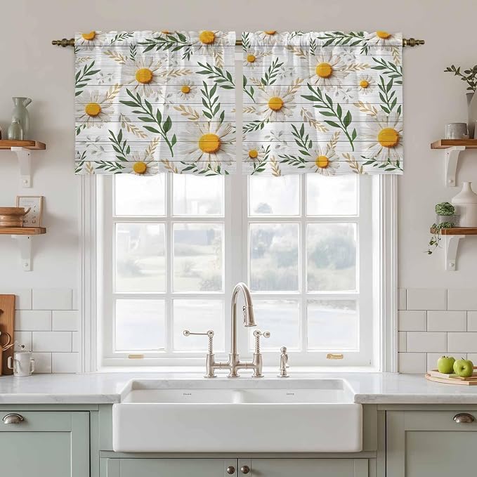 Spring Daisy Tier Curtains, Farmhouse Country Flower Leaf Plant Wood Grain - Image 2