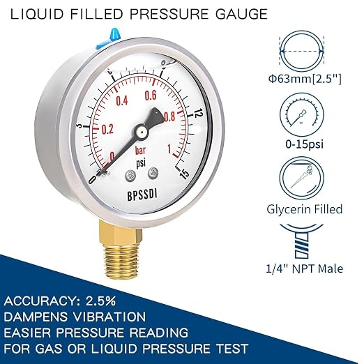 0-15 Psi Glycerin Liquid Filled Low Pressure Gauge, 2.5" Dial Size, 1/4" NPT - Image 2