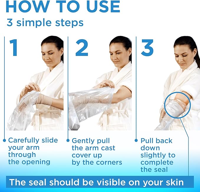 100% Waterproof Cast Covers for Shower Arm - Tight Seal - 3pk Adult Reusable Cast Protectors - Half Arm Bag Sleeves