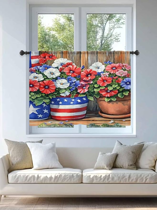 Sheer Curtains 54 Inch Length, Retro Independence Day Flag Wood Grain Privacy - Image 4