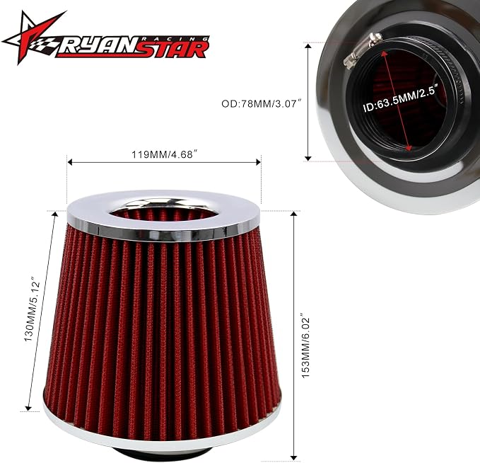 RYANSTAR RACING 63mm 2.5" High Flow Round Tapered Cone Cool Air Filter Cleaner - Image 2