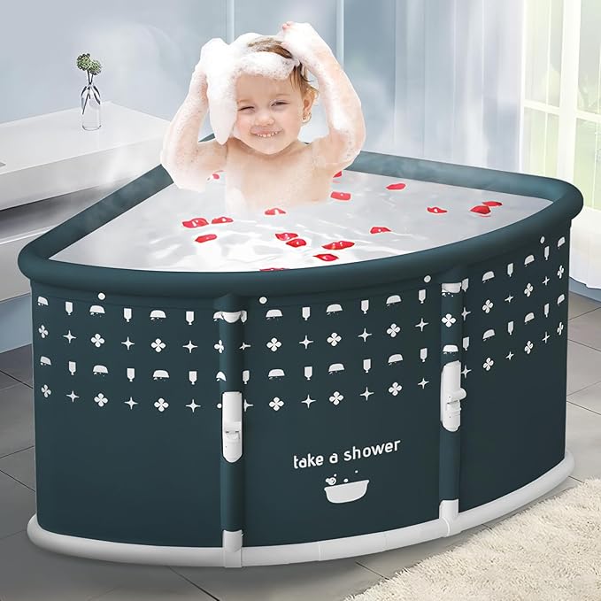 Foldable Bathtub for Adults, 28.8" Fan-Shaped Portable tub, Large Collapsible Soaking Tub Hot Bath & Ice Bath, Freestanding Corner Baths Thickened PVC No Installation Required, Indoor Outdoor