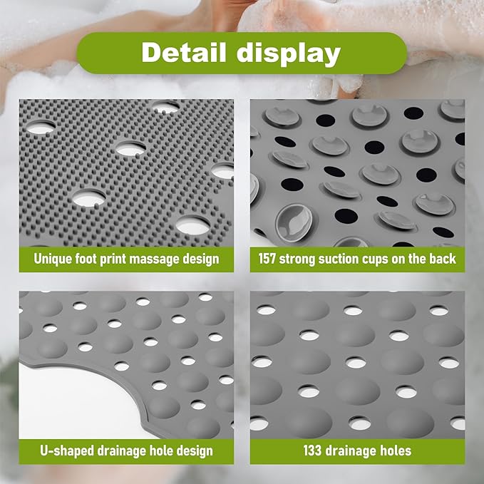 Silicone Bath Tub Mat Non Slip, 36"x16" Shower Foot Scrubber Mat with Drain Holes and Suction Cups, Upgraded Bathtub and Shower Mats, Machine Washable Bathtub Floor Liner Mats for Bathroom