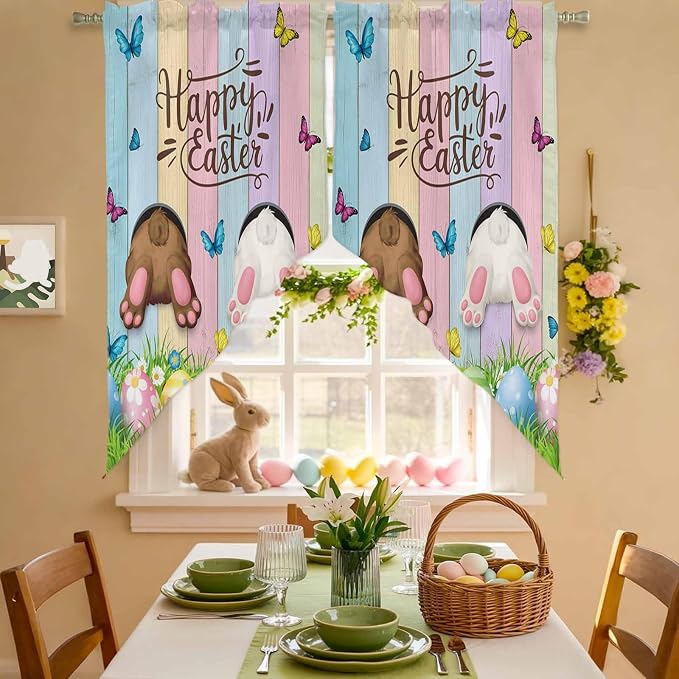 Swag Curtain Valances for Kitchen Windows, Happy Easter Rabbit Butt Egg on - Image 3