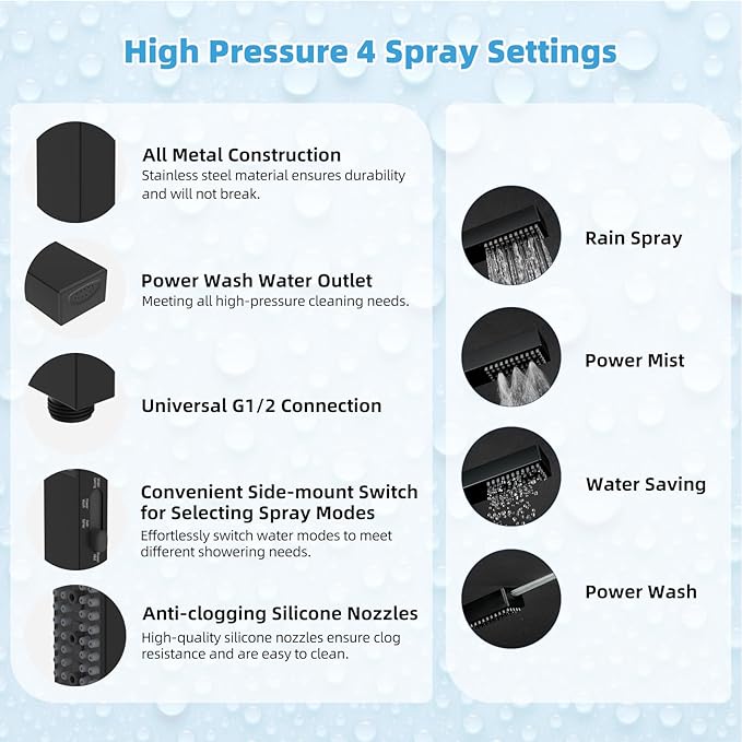 Hibbent All Metal CUPC Certified 10'' Rainfall Shower Head, Dual Shower Head Combo, High Pressure Handheld 4 Sprays Shower Wand, 16'' Adjustable Extension Arm, 71'' Hose, Shower Holder, Matte Black