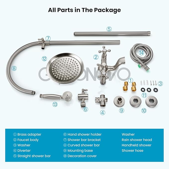 gotonovo Bathroom Classic Exposed Shower Faucet Wall Mount Shower System 8 Inch Luxurious Rainfall Shower Head Set with Tub Spout and Handheld Spray Double Cross Handles Brushed Nickel