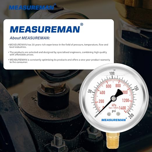 MEASUREMAN 2-1/2inch Dial Size, Liquid Filled Pressure Gauge, 0-200psi/kpa - Image 7