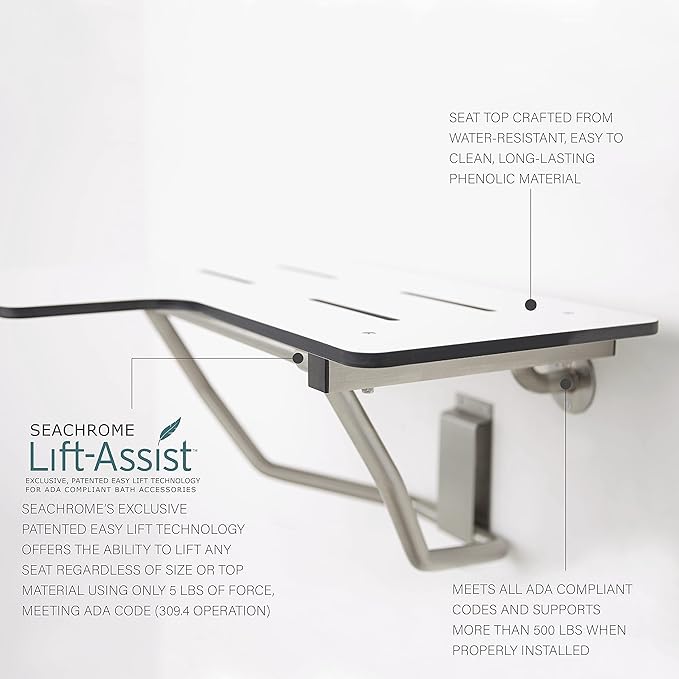 Seachrome 26" x 22.5" Lift-Assist ADA L-Shaped Reversible Bathroom Shower Bath Transfer Seat, Folding Wall-Mounted White Phenolic Seat