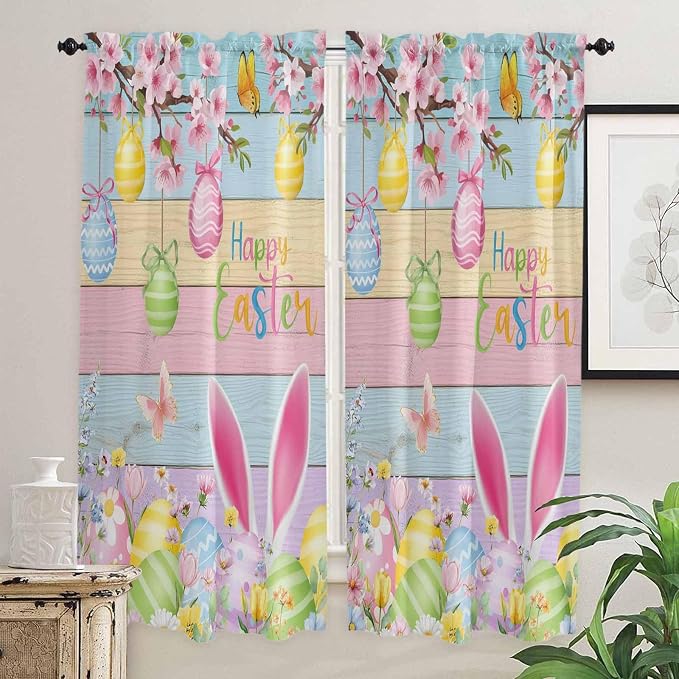Colorful Easter Living Room Curtains 72 Inches length, Spring Watercolor Bunny - Image 2