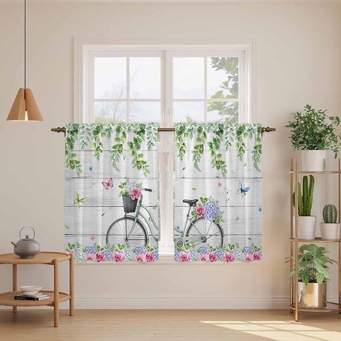 Spring Tier Curtains, Bicycles Botanical Rose Leaves Butterfly Wood Grain Light - Image 3