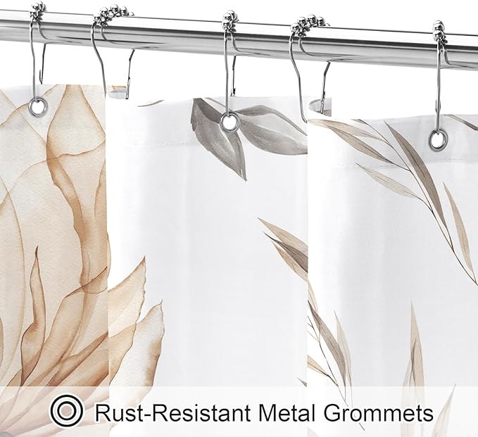 Extra Long Boho Watercolor Floral Shower Curtain 72 x 84, Light Brown and Grey Ink Painting Style Flower Shower Curtains for Chic Elegant Bathroom, Artistic XL Fabric Cloth Shower Curtain