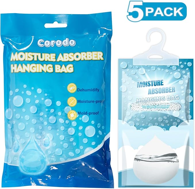 Moisture Absorbers Packets - Hanging Moisture Absorbers Dehumidifier Bags for Closet Bathroom Kitchen, Fragrance Free Humidity Absorber Packs, Removes Moisture & Odors, 5 Pack