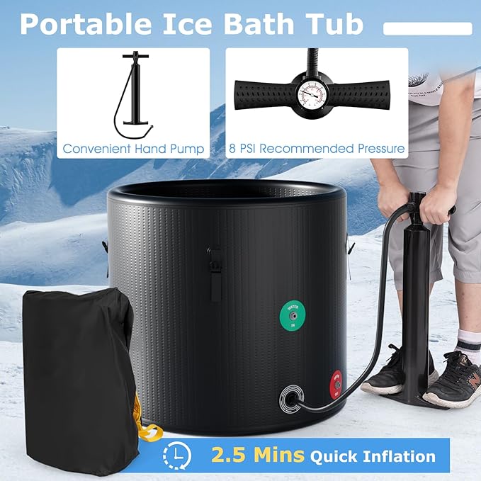 Goplus 79 Gal Ice Bath Tub for Athletes, Inflatable Cold Plunge Tub w/Multiple Layered, Lid, Pump, Backpack, Water Chiller Compatible Portable Freestanding Ice Bath for Adults (79 Gal Round, Black)