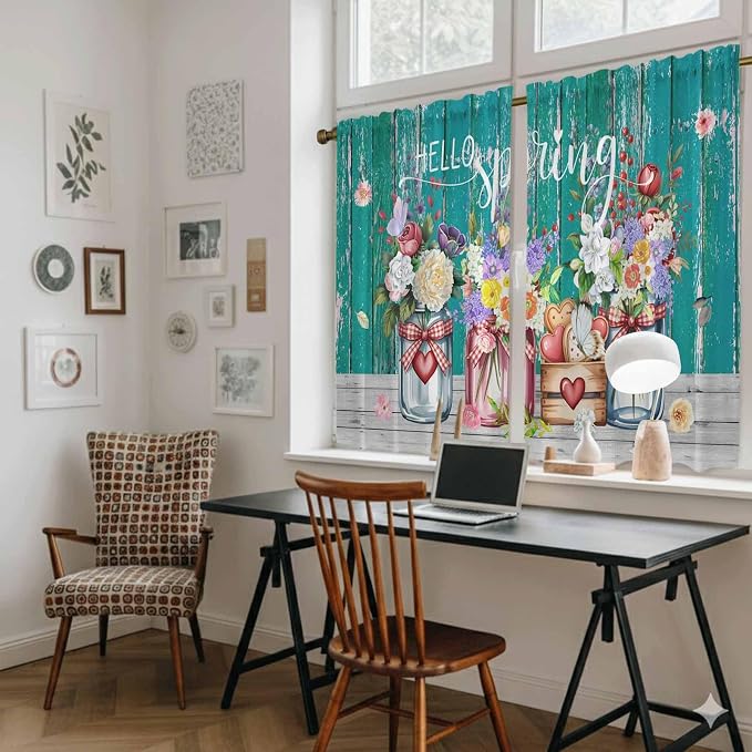 Spring Flowers Tier Curtains, Farmhouse Watercolor Teal Wood Grain Light - Image 6