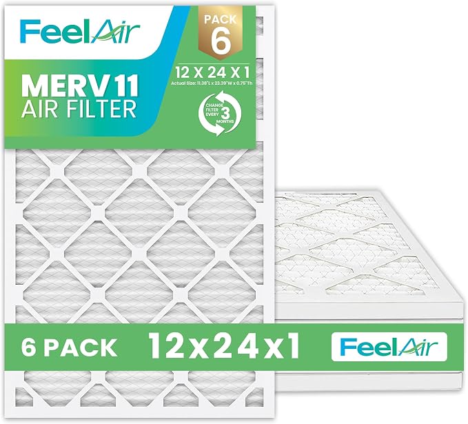 12x24x1 Air Filter – 6 Pack, MERV 11 Pleated HVAC & Furnace Filter, by Feelair