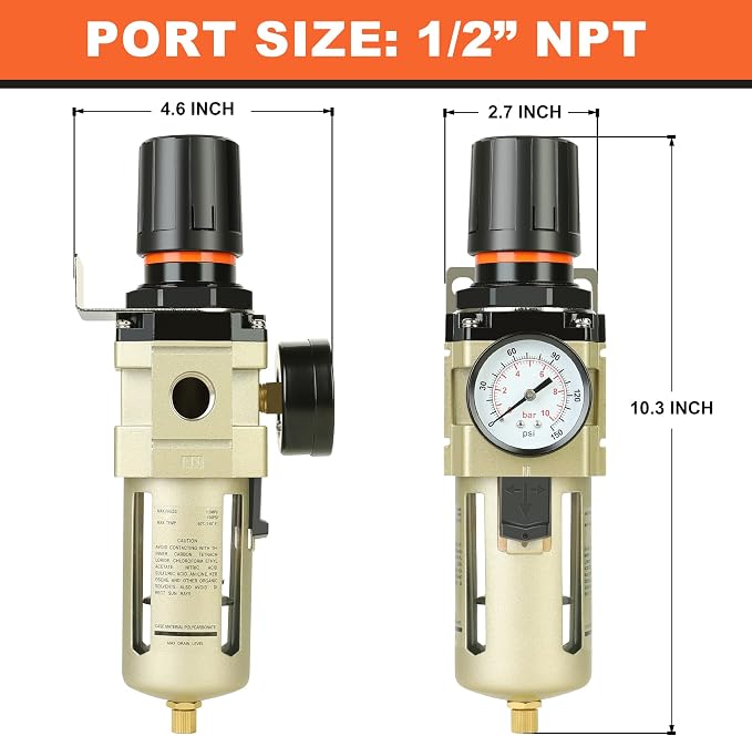 Hromee 1/2 Inch Compressed Filter Regulator Combo, Air Compressor Water Oil - Image 4