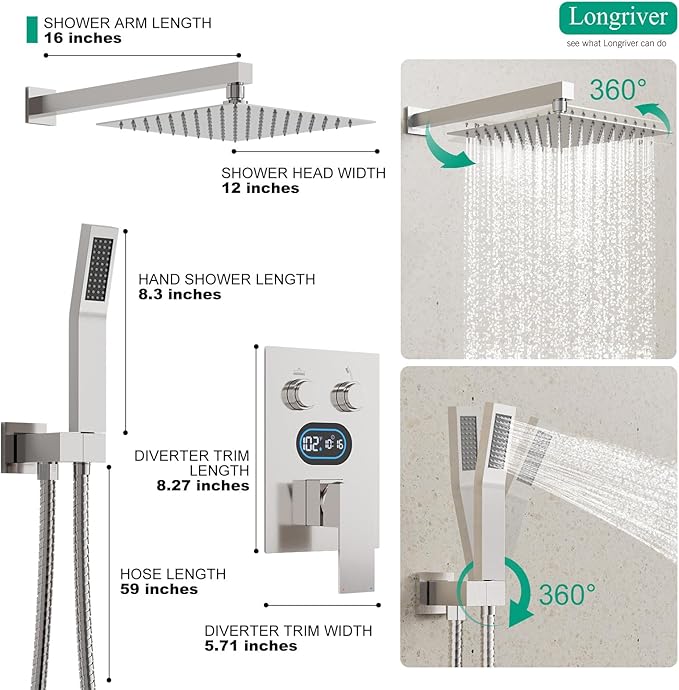 Push Button Diverter Shower Faucet Set Hydro Power Temperature Display, Shower System 12 Inch Shower Head with Handheld Spray, Wall Mounted Shower Fixtures with Valve and Trim Kit, Brushed Nickel