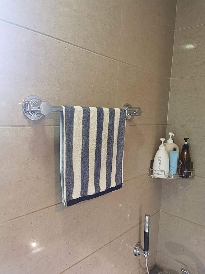 JiePai Extendable 17-28 inch Suction Cup Towel Bar,Bath Shower Towel Holder Shower Door Adhesive Towel Bar Suction Towel Rack (Suction Cup, Chrome)