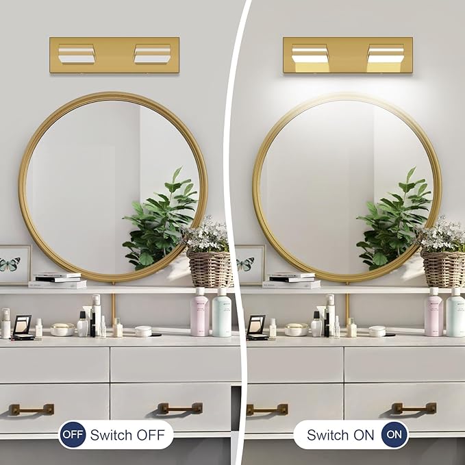 SineRise LED Modern Bathroom Vanity Light Fixtures (2-Light, 15.5-Inch), Brass Modern Acrylic Bathroom Wall Lighting Fixtures Over Mirror (Cool White 6000K)